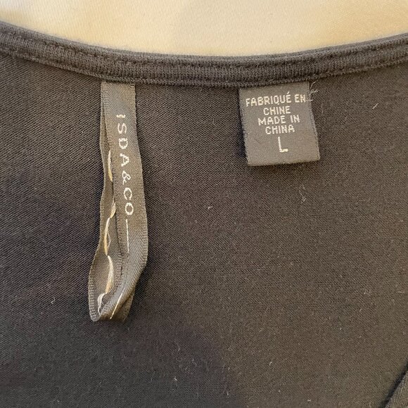 Isda Jersey Knit Top Tunic Black Short Cap Sleeves Ruffle Deep V Neck Size L - Picture 5 of 7